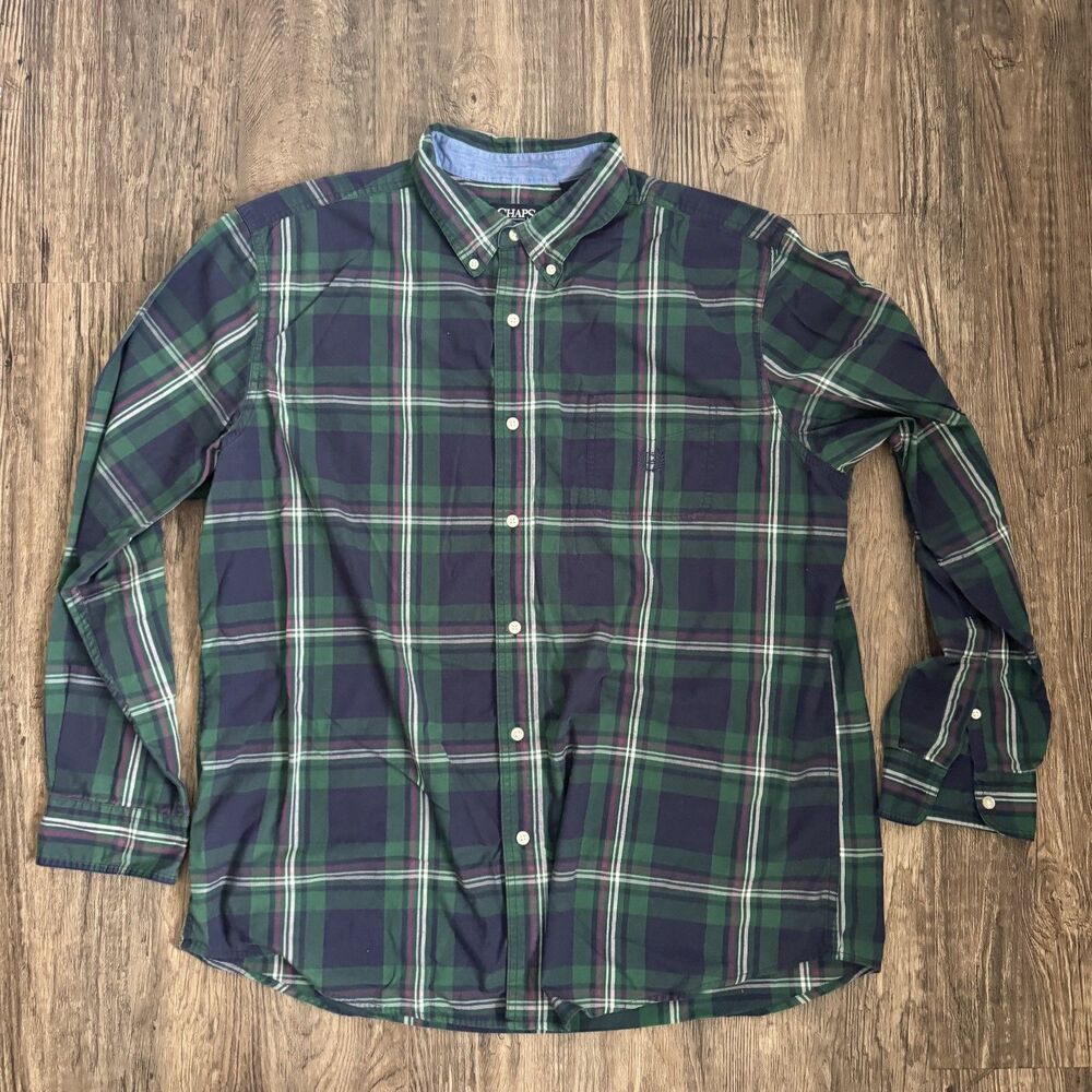 Chaps Shirt Mens 2XL Blue Green Plaid Button Down Long Sleeve Easy Care Casual